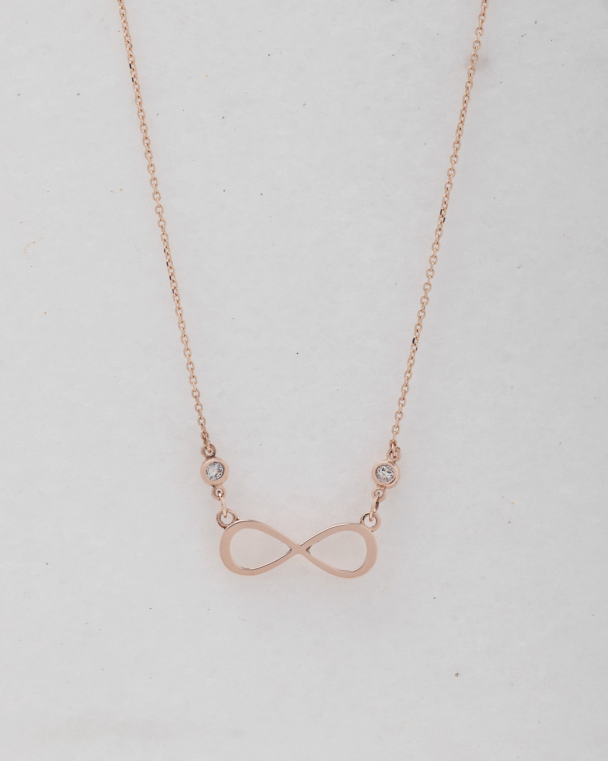 Rose Gold Infinity Necklace with Two Cubic Zirconia Stones