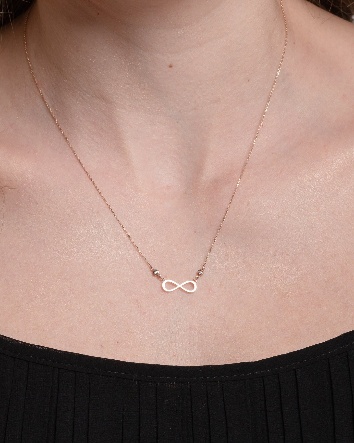 Rose Gold Infinity Necklace with Two Cubic Zirconia Stones