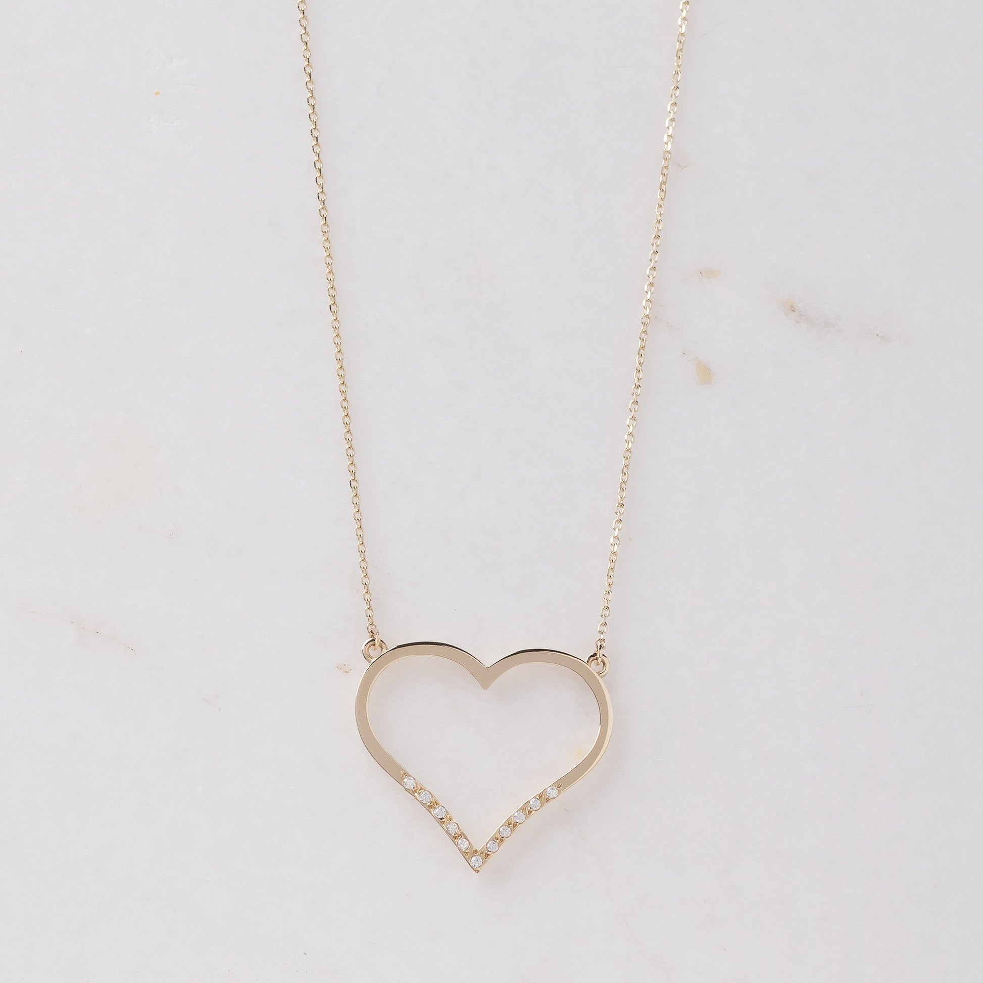 Large Open-Heart Necklace Adorned with Cubic Zirconia Stones in 14k Solid Gold