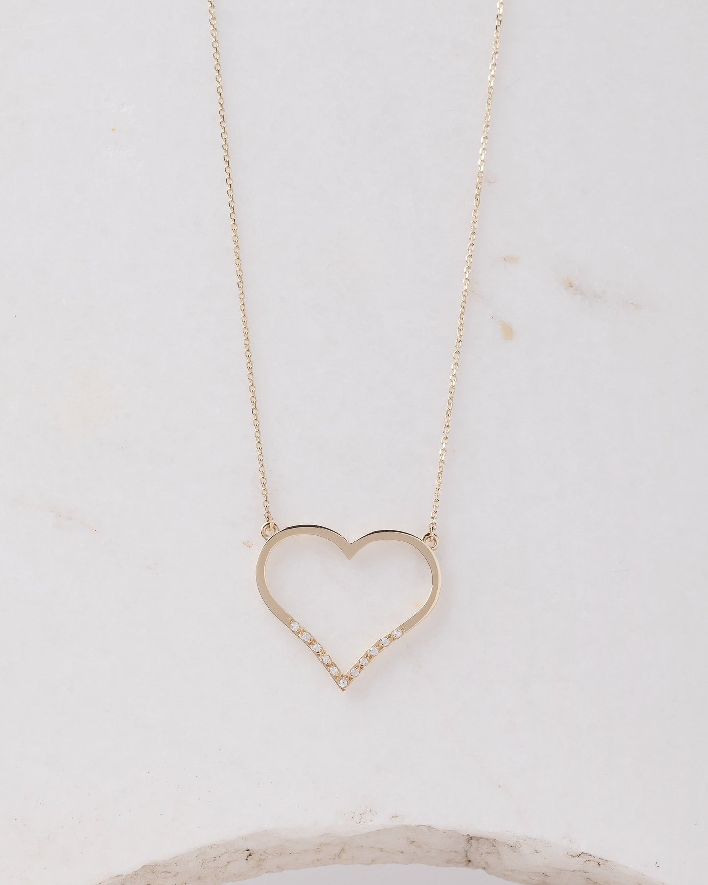 Large Open-Heart Necklace Adorned with Cubic Zirconia Stones in 14k Solid Gold