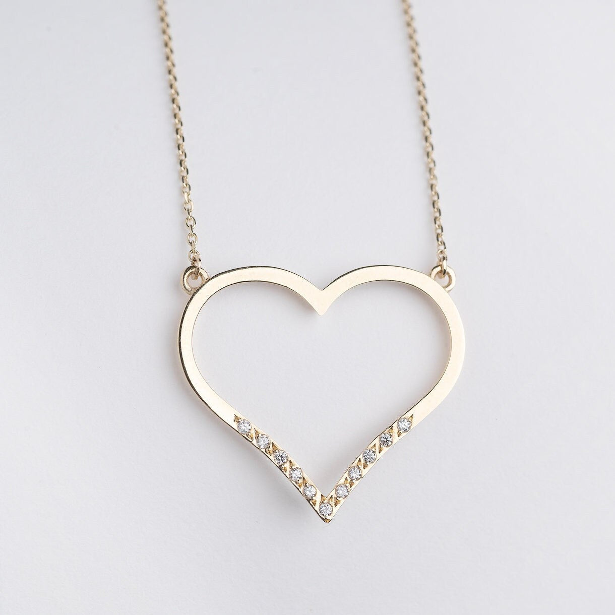 Large Open-Heart Necklace Adorned with Cubic Zirconia Stones in 14k Solid Gold