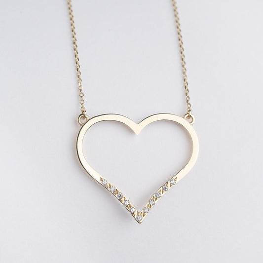 Large Open-Heart Necklace Adorned with Cubic Zirconia Stones in 14k Solid Gold