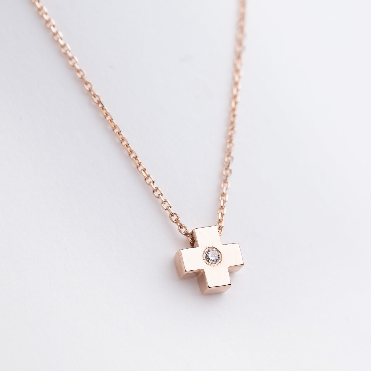 Small Diamond Cross Necklace in 14K Gold