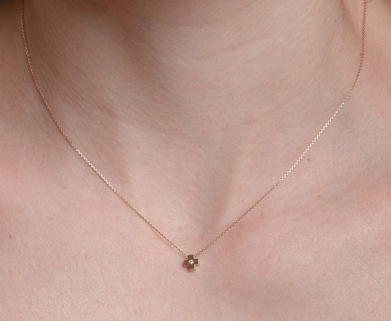 Small Diamond Cross Necklace in 14K Gold