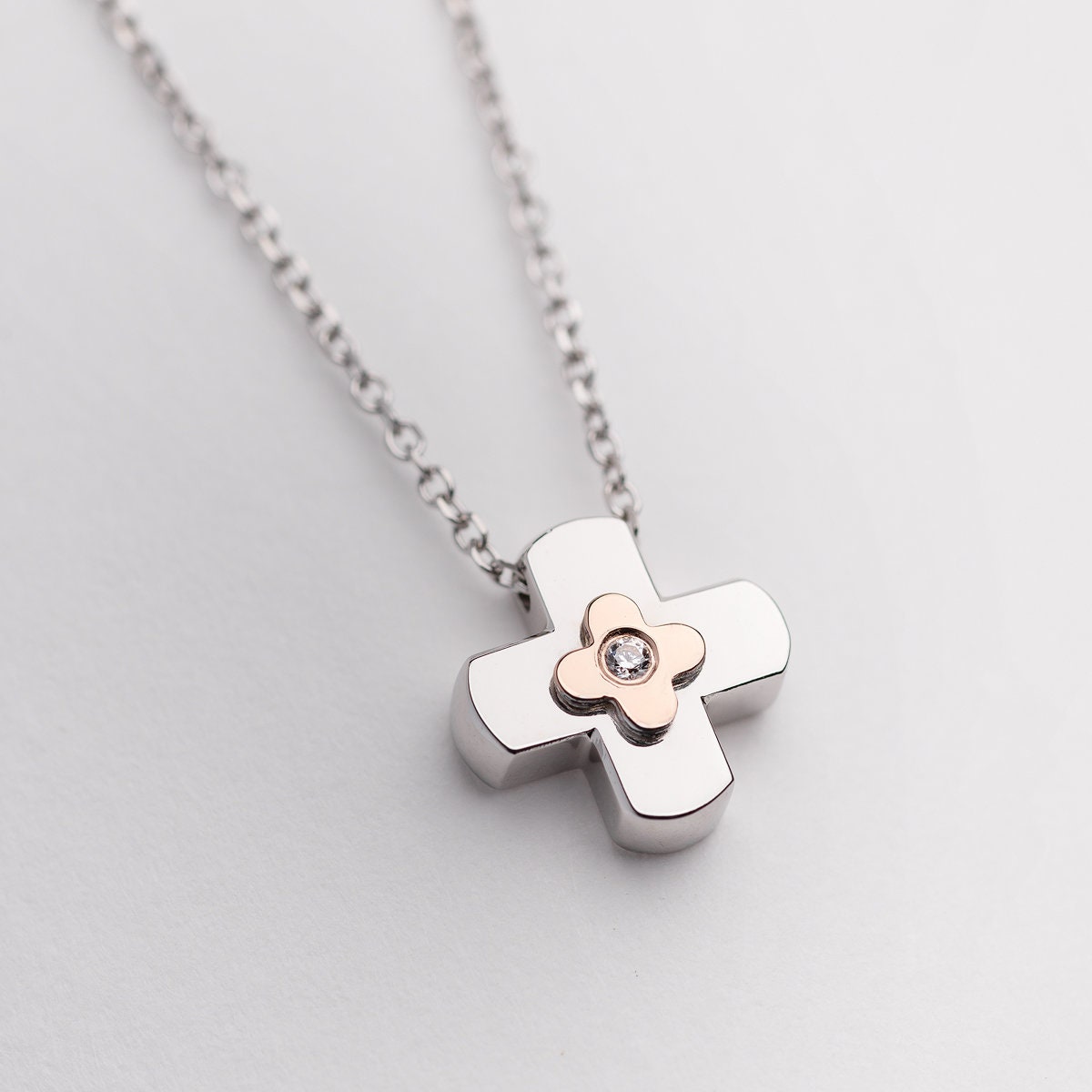 Two-Tone Diamond Cross Necklace in 14K Gold