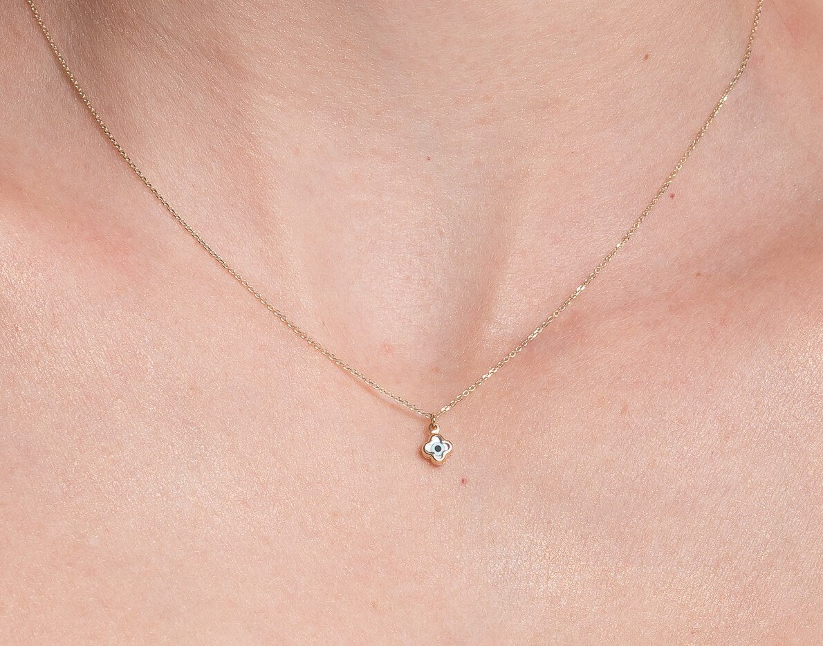 14k Gold Four-Leaf Clover Necklace with Evil Eye for Women