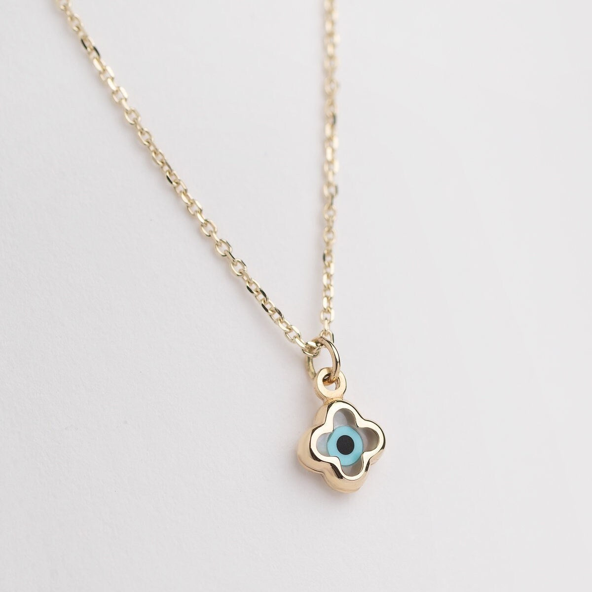 14k Gold Four-Leaf Clover Necklace with Evil Eye for Women