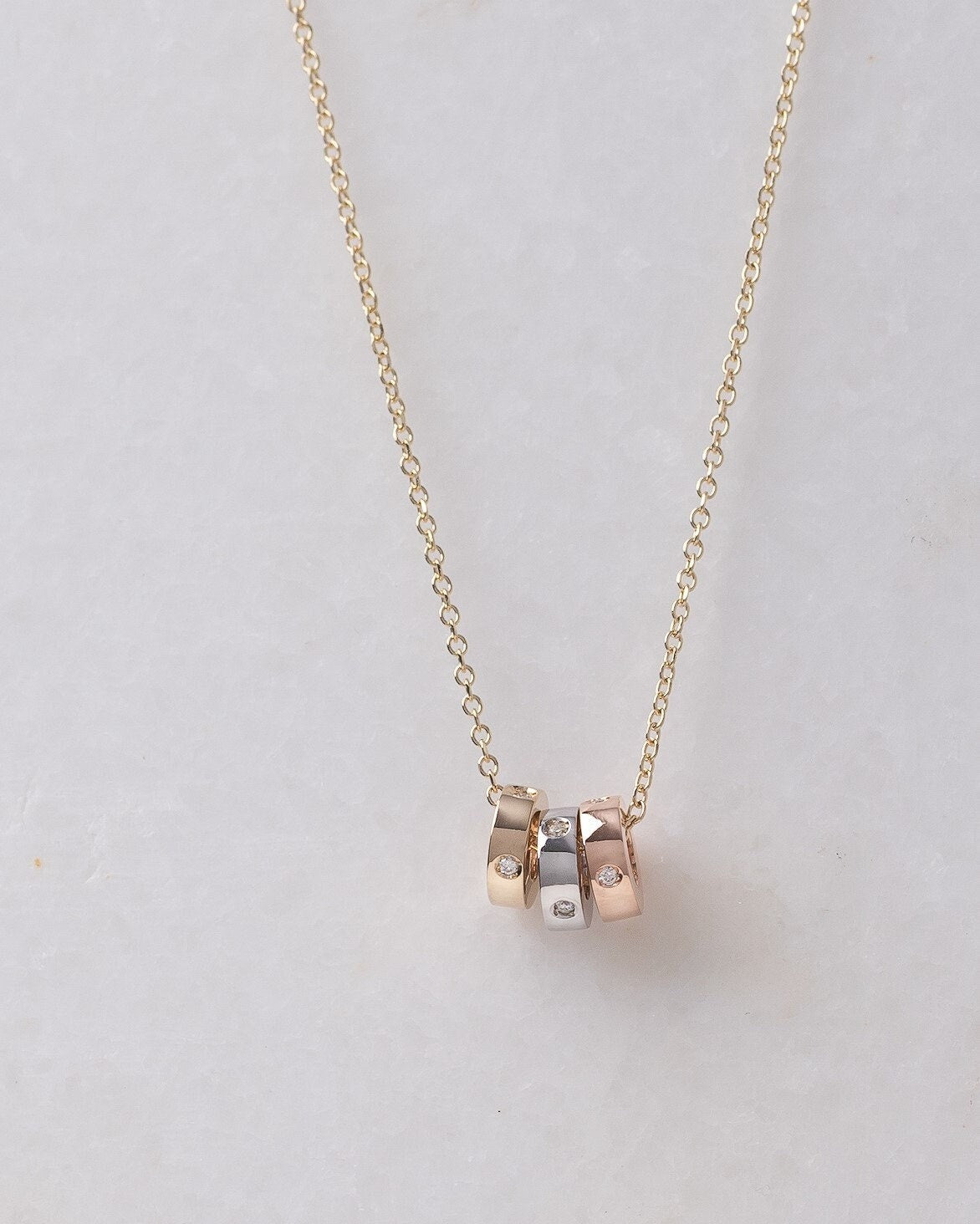 diamond 18K Solid Gold Necklace with 3 circles in yellow-white-rose gold 