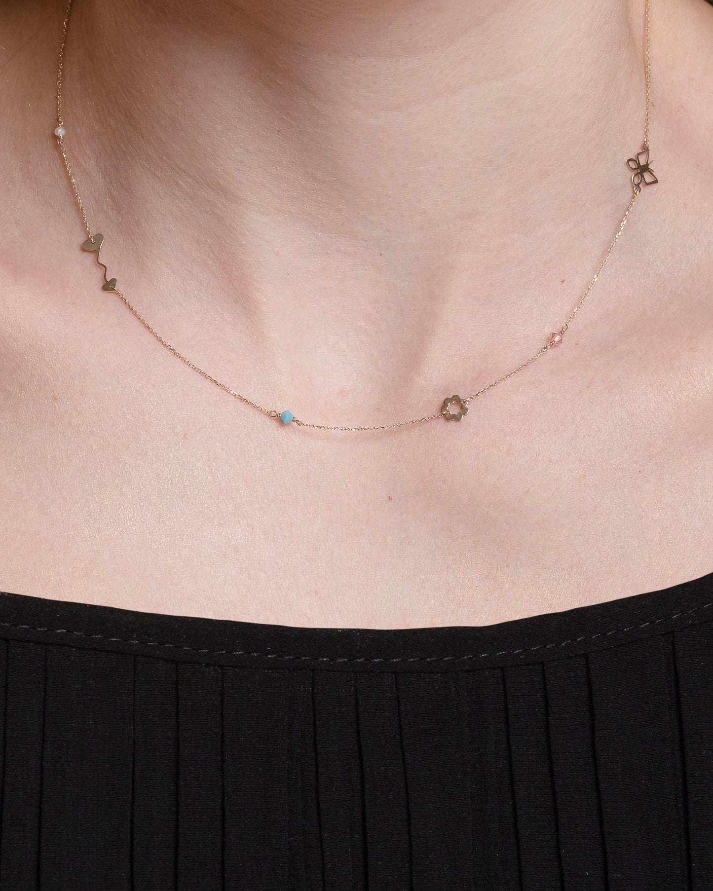 Dainty Multi Charm Station Necklace in 14K Gold