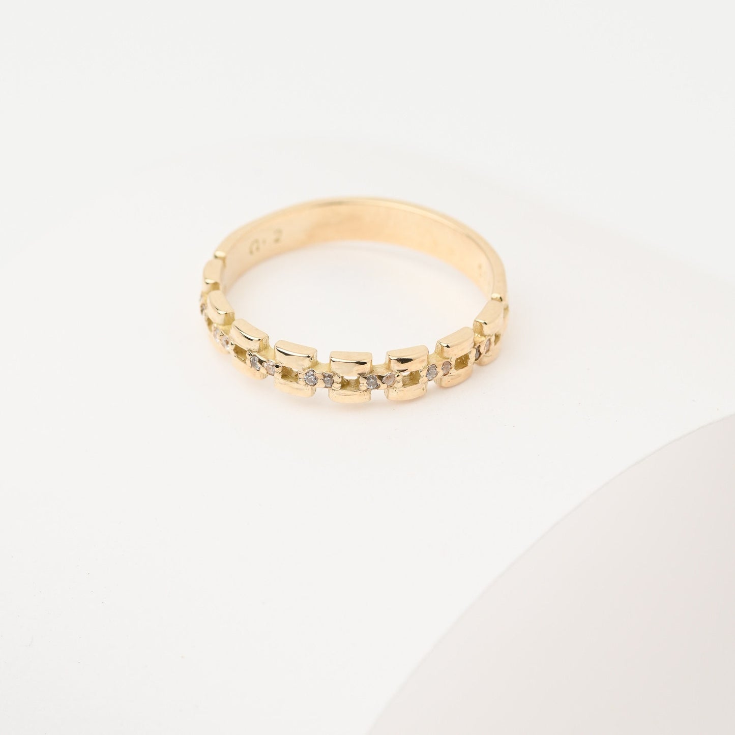 Handcrafted Cuban Link Chain Ring in 14k gold, adorned with white cubic zirconia stones, designed for women.