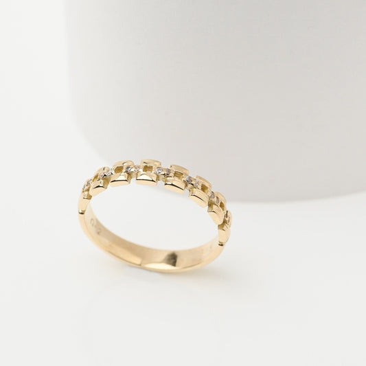 Handcrafted Cuban Link Chain Ring in 14k gold, adorned with white cubic zirconia stones, designed for women.