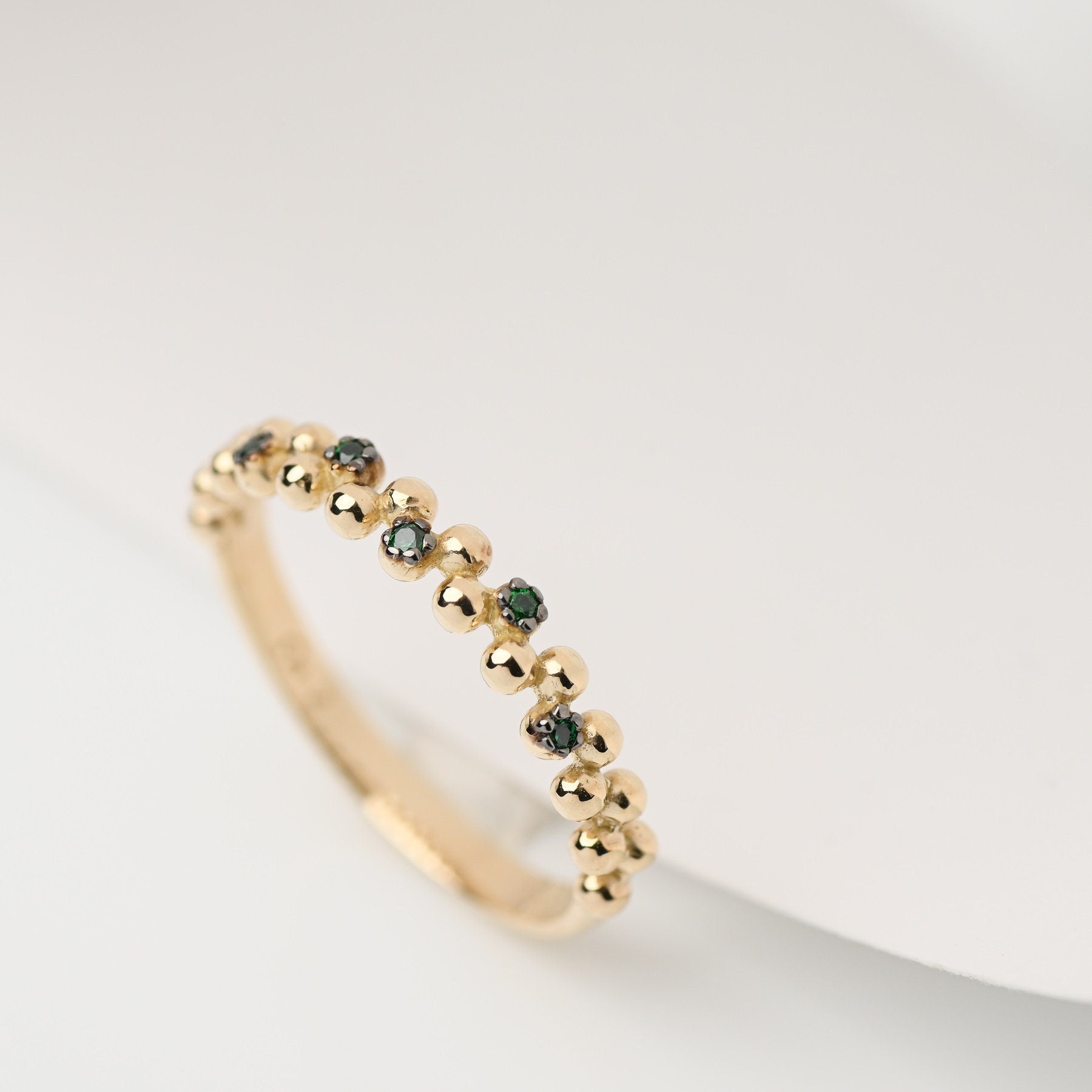 Handmade 14k Solid Gold Bold Bead Ring with Green Stones