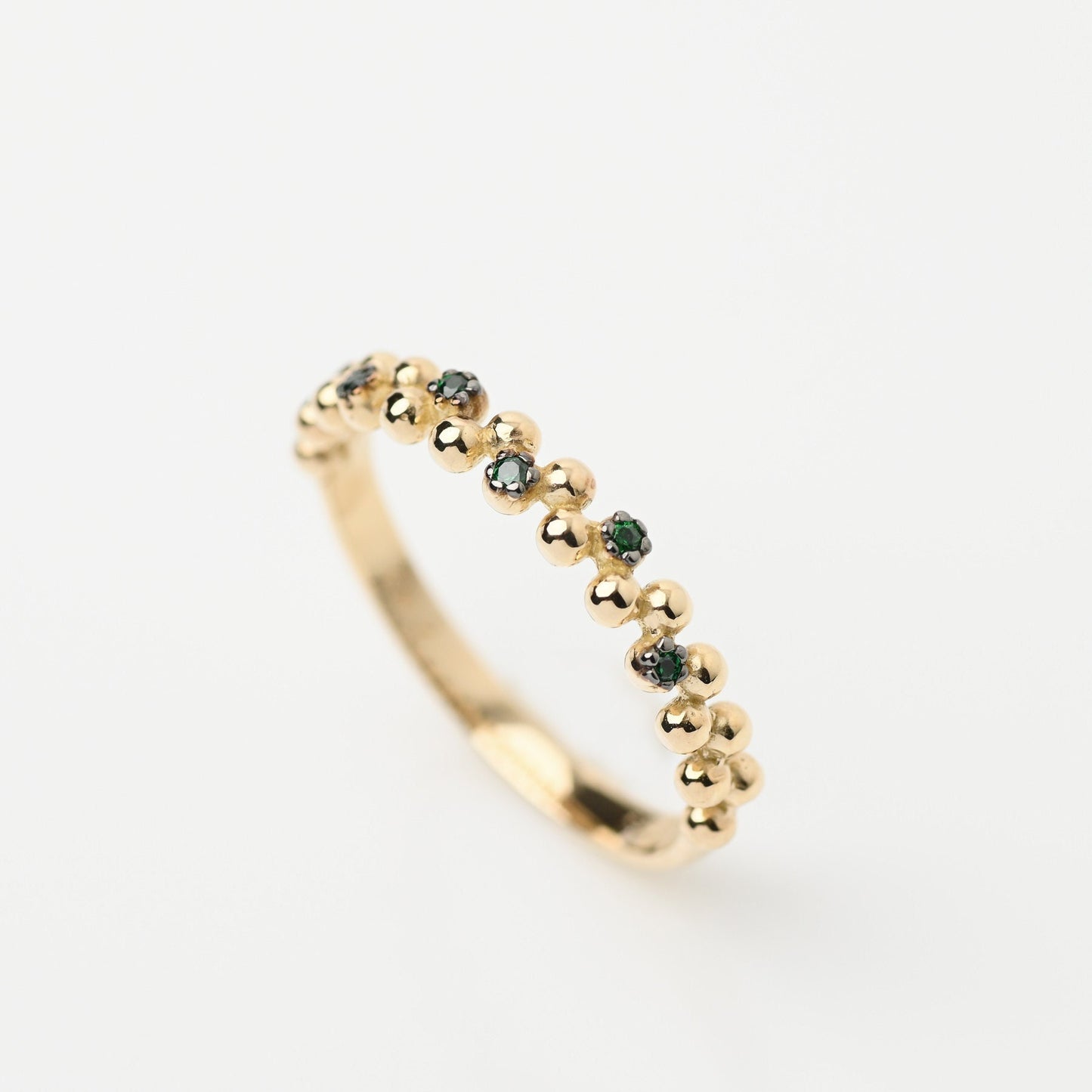 Handmade 14k Solid Gold Bold Bead Ring with Green Stones