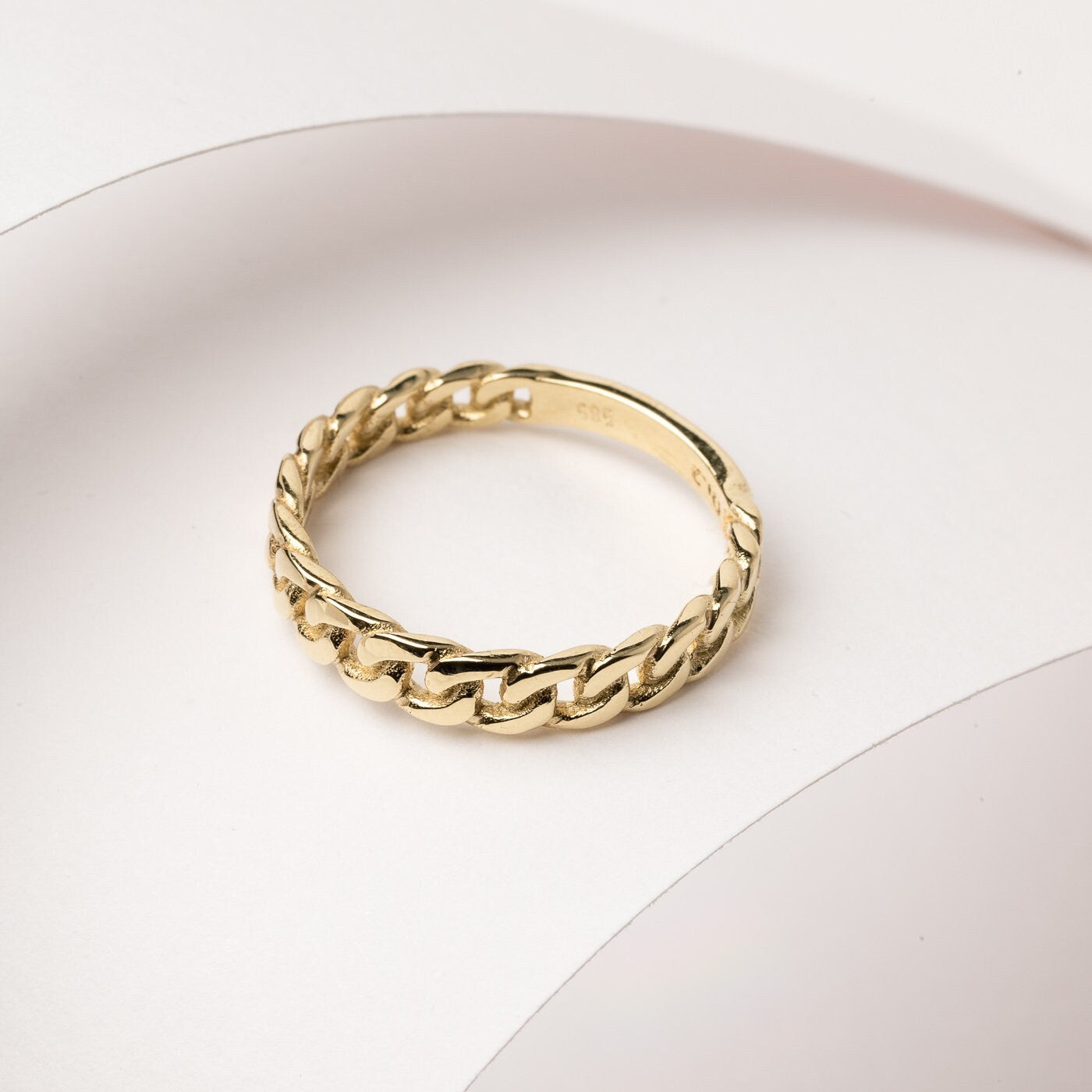 Handcrafted Cuban Link Ring in 14k Solid Gold for Women