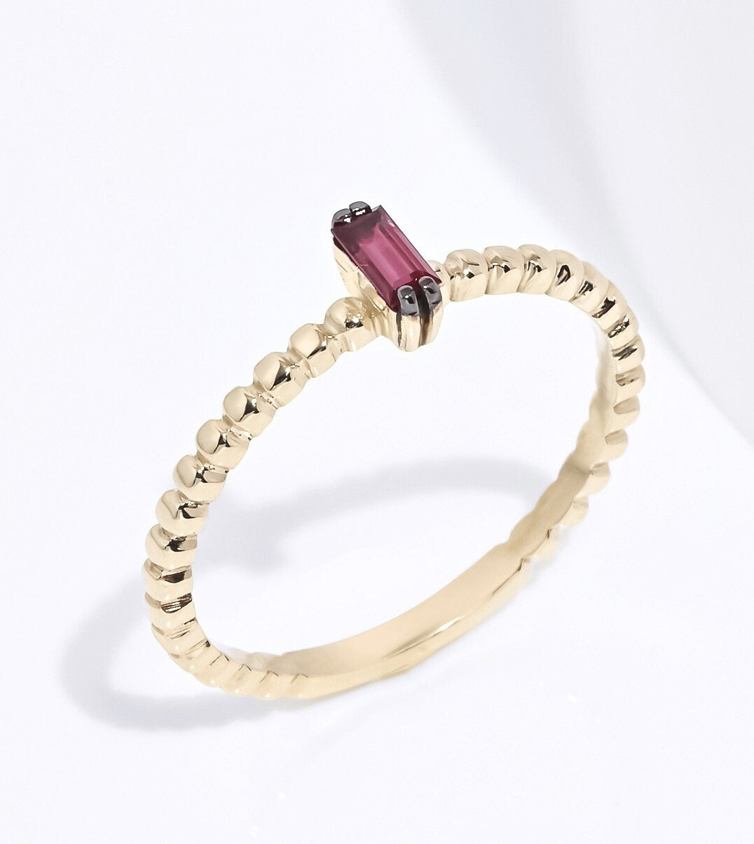 Handmade Baguette Ruby Beaded Ring in 14k Gold for Women