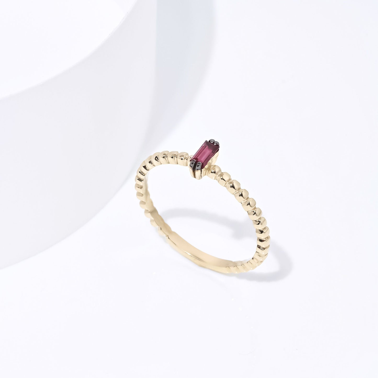 Handmade Baguette Ruby Beaded Ring in 14k Gold for Women