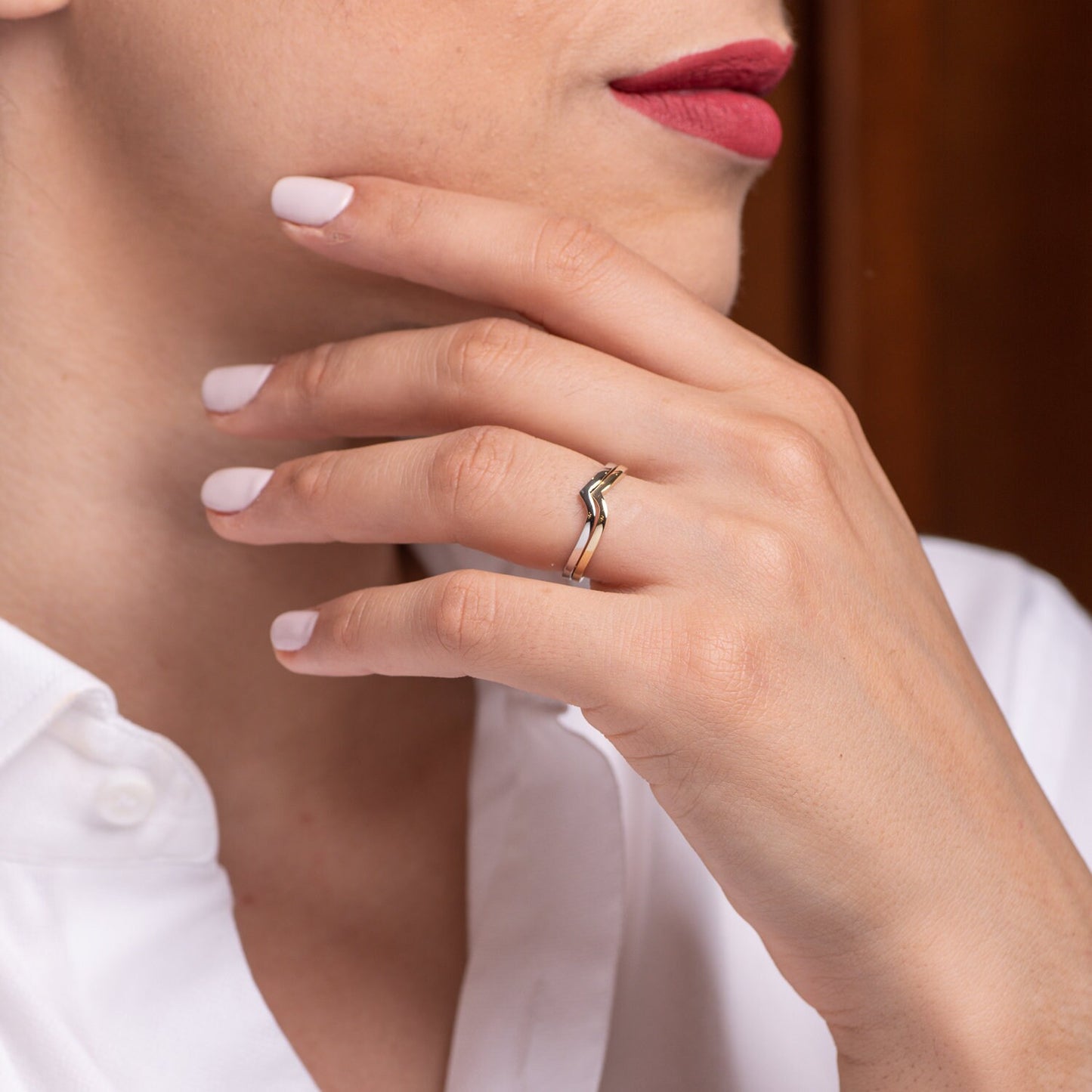 Handmade two-tone double chevron ring in 14k gold for women.