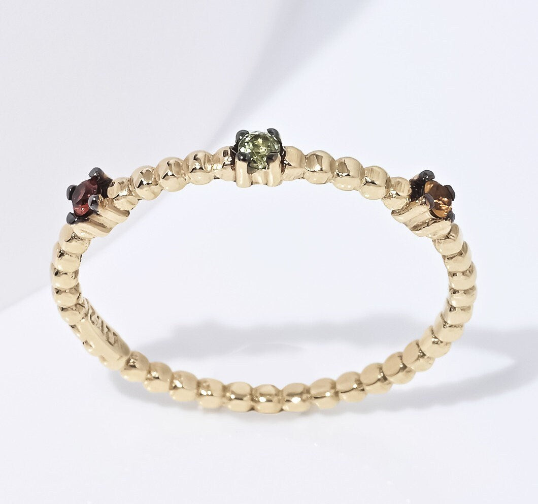 Handmade beaded ring in 14k solid gold with three semi-precious stones.