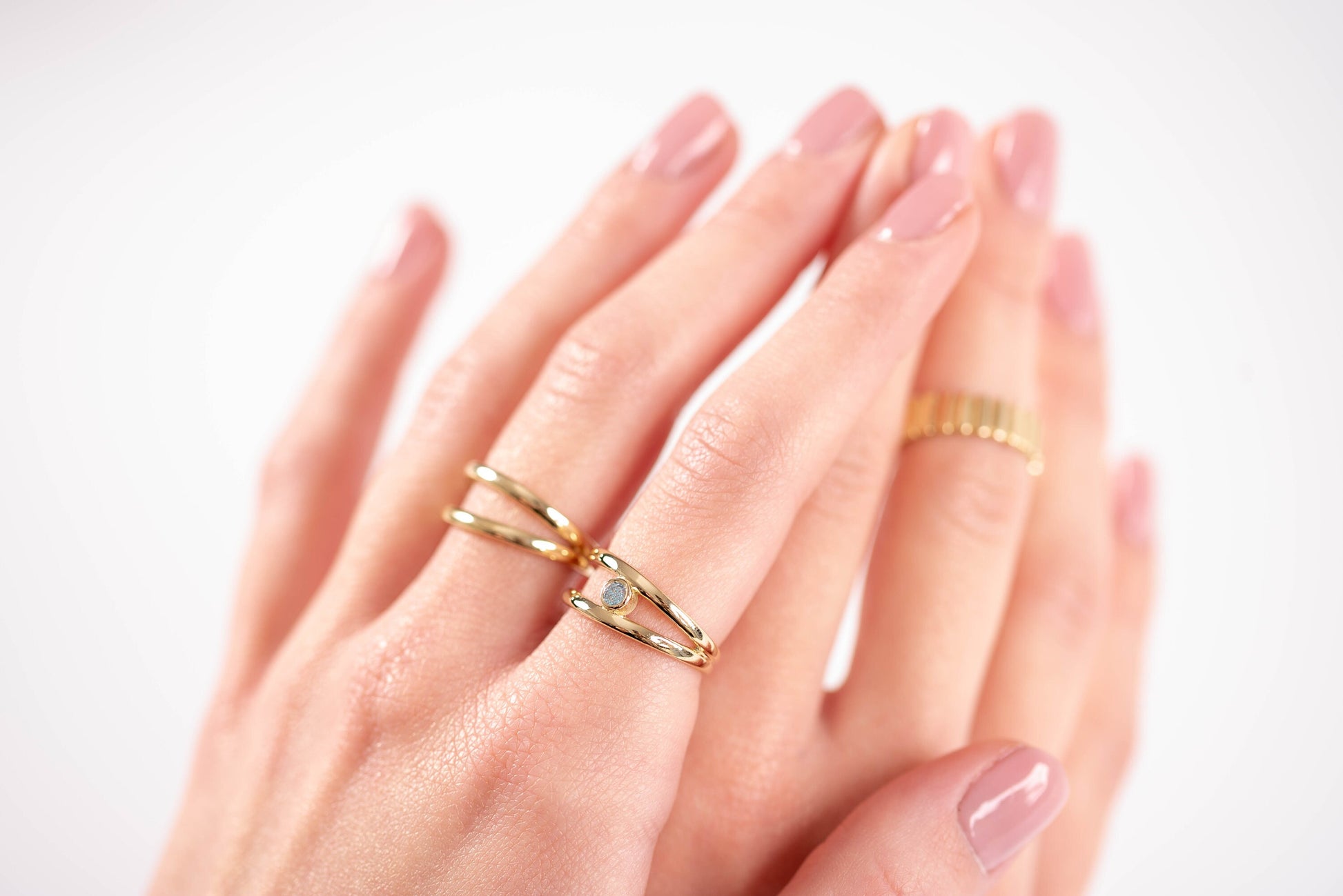 Handcrafted double-row ring for women, made of 14k solid yellow gold.