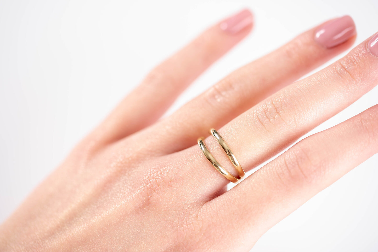 Handcrafted double-row ring for women, made of 14k solid yellow gold.