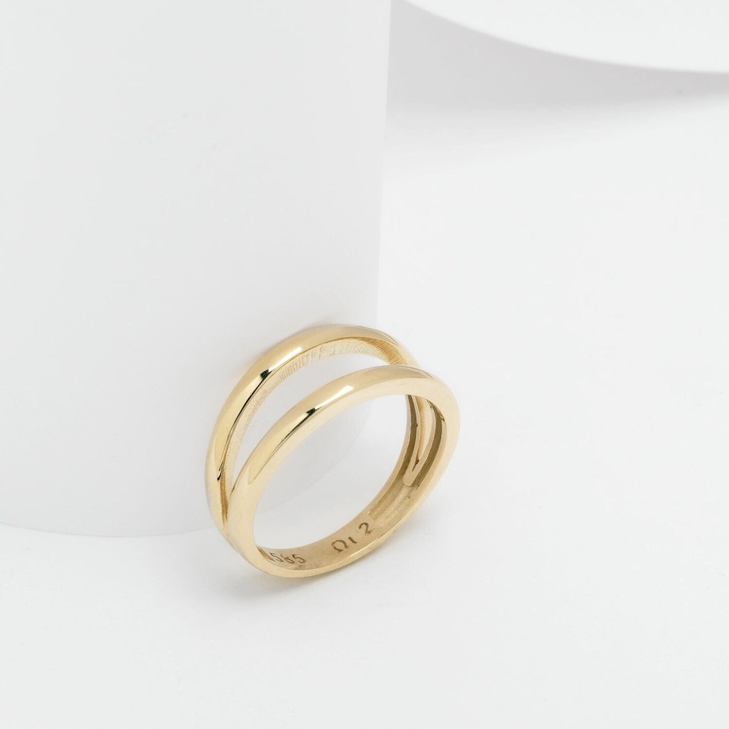 Handcrafted double-row ring for women, made of 14k solid yellow gold.