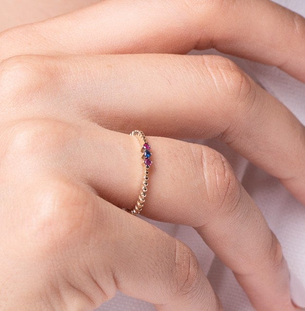 Dainty Ruby and Sapphire Braided Ring in 14k Solid Gold