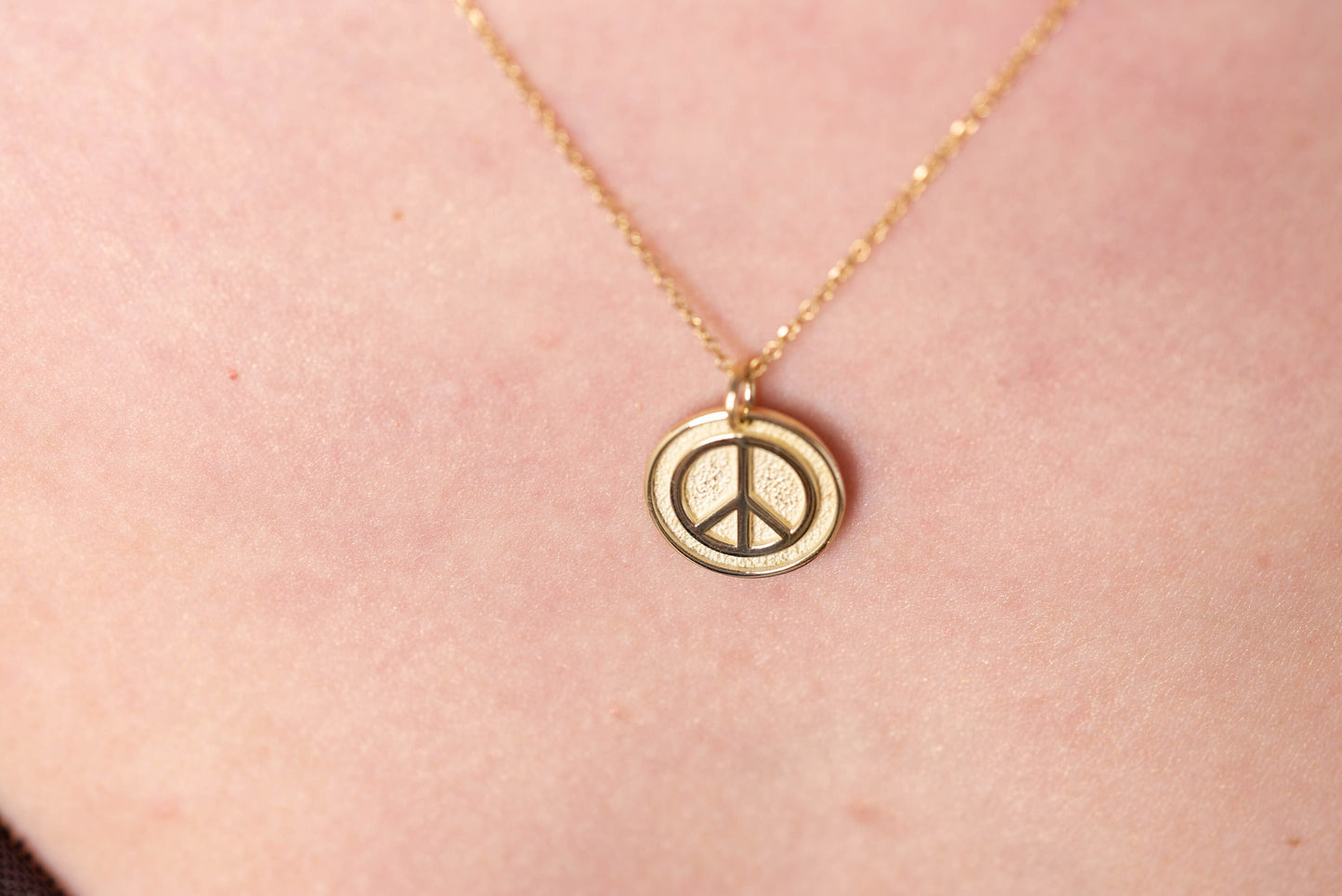 14k Solid Gold Necklace for women, featuring a Peace Symbol with complimentary engraving on the reverse side.