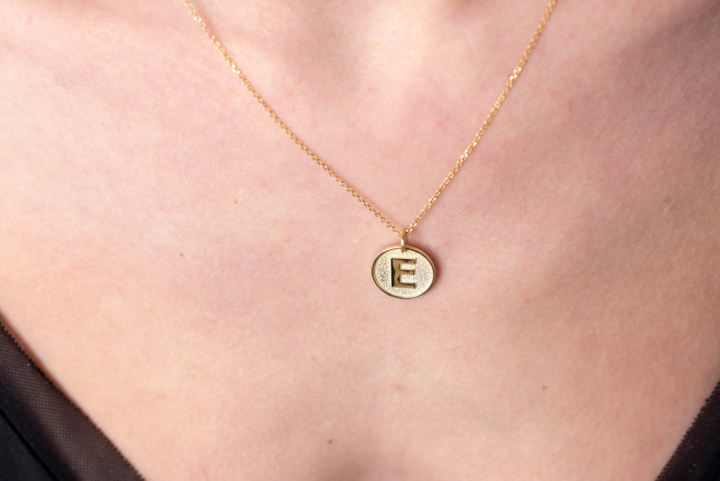 14k Gold Initial Necklace for women, featuring complimentary engraving on the reverse side.