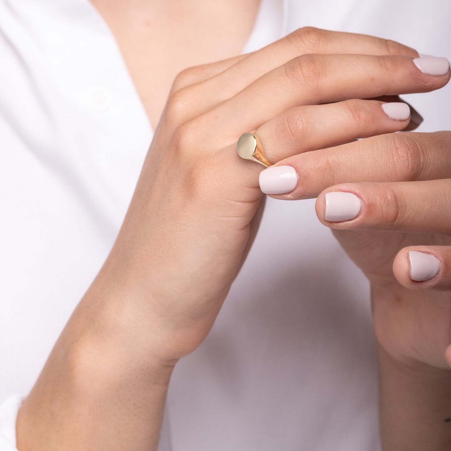 14K Gold Round Signet Ring, designed for women to be worn on the pinky finger.