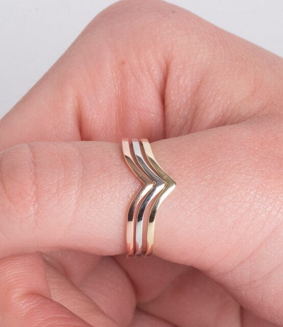 Handmade tri-tone triple chevron ring in 14k gold for women.