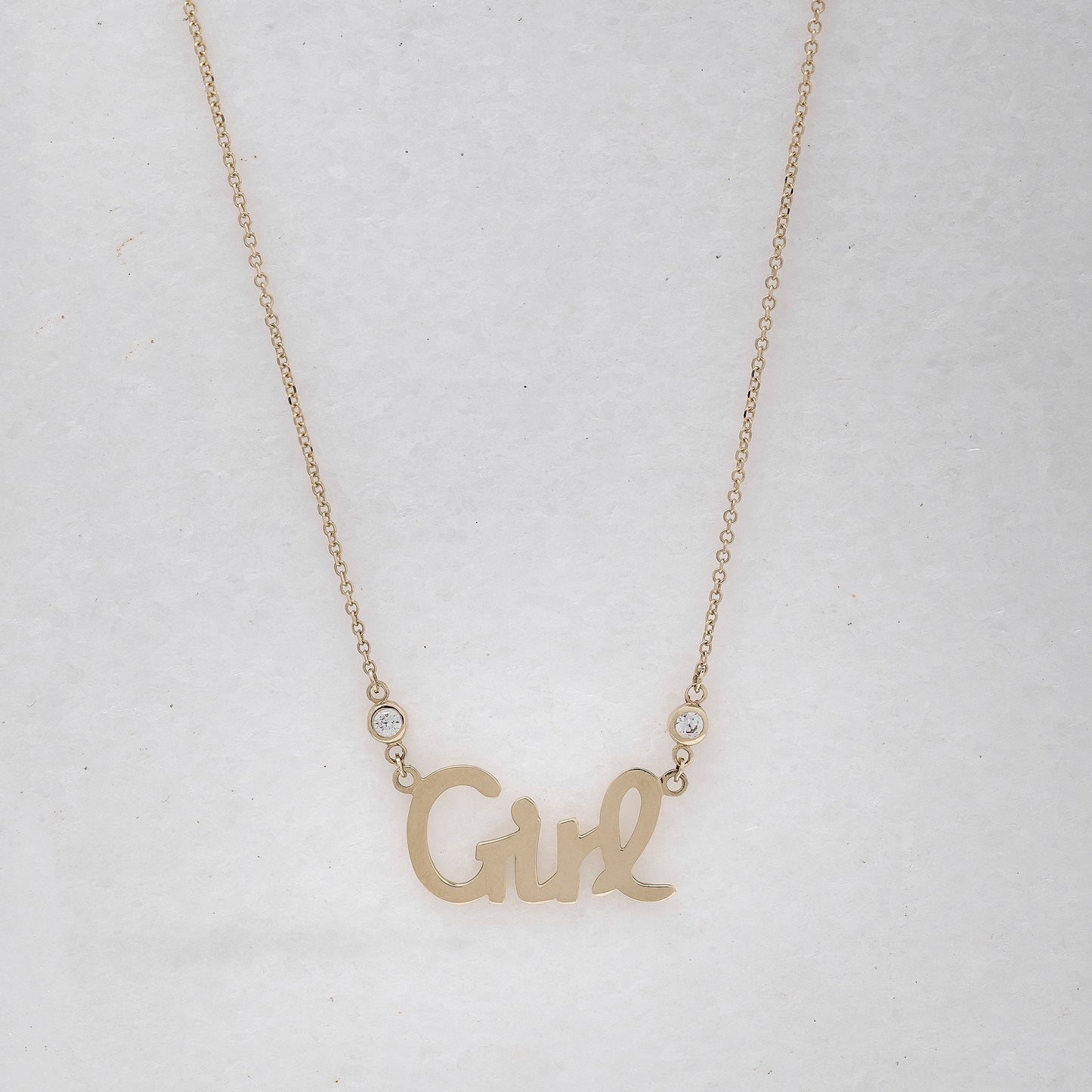 Girl Necklace in 14k gold with two cubic zirconia stones