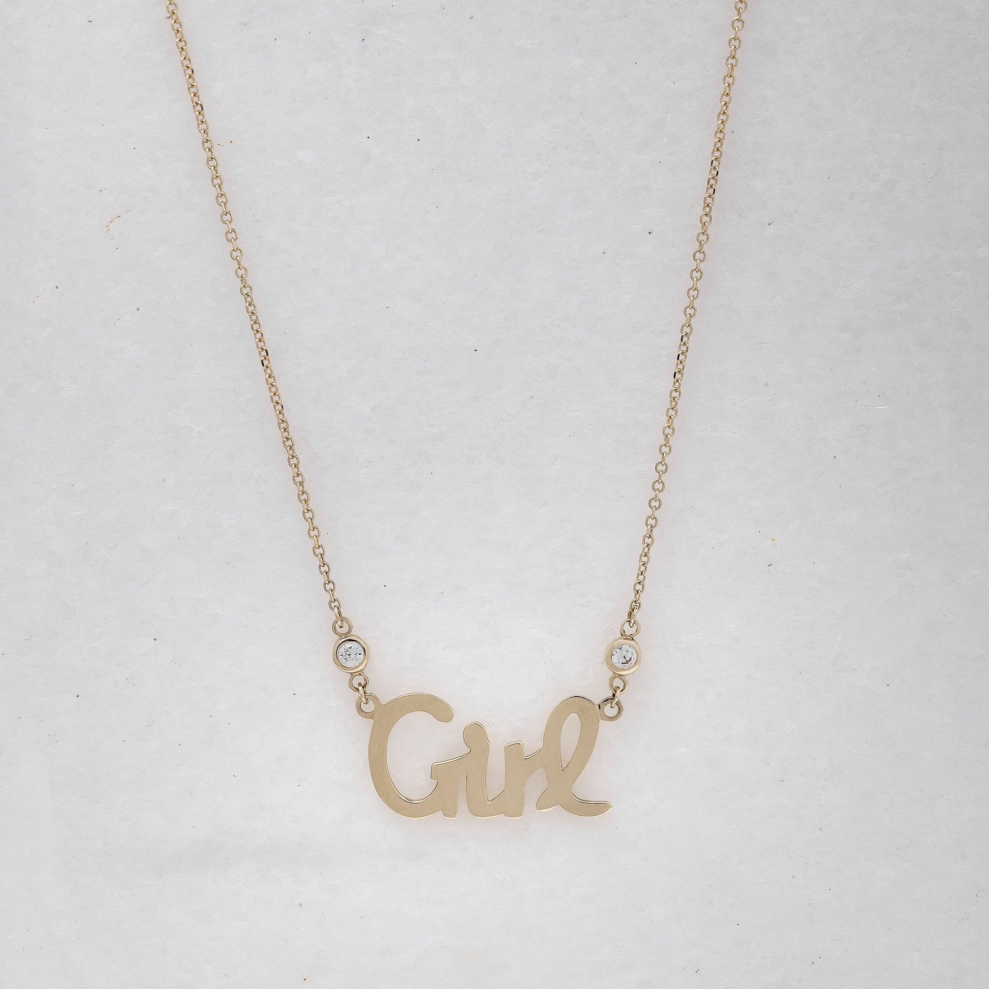 Girl Necklace in 14k gold with two cubic zirconia stones