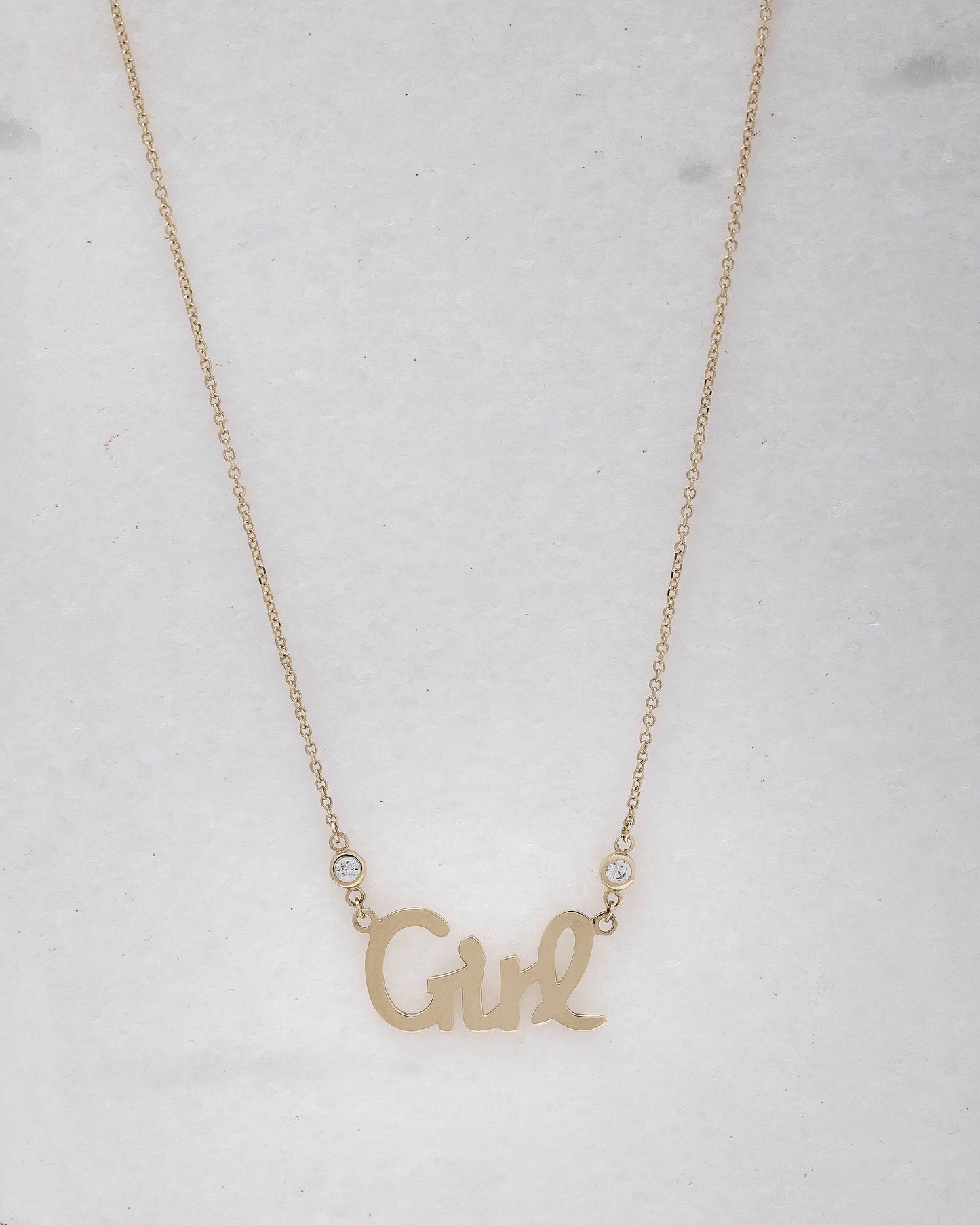 Girl Necklace in 14k gold with two cubic zirconia stones