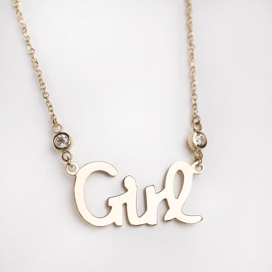 Girl Necklace in 14k gold with two cubic zirconia stones