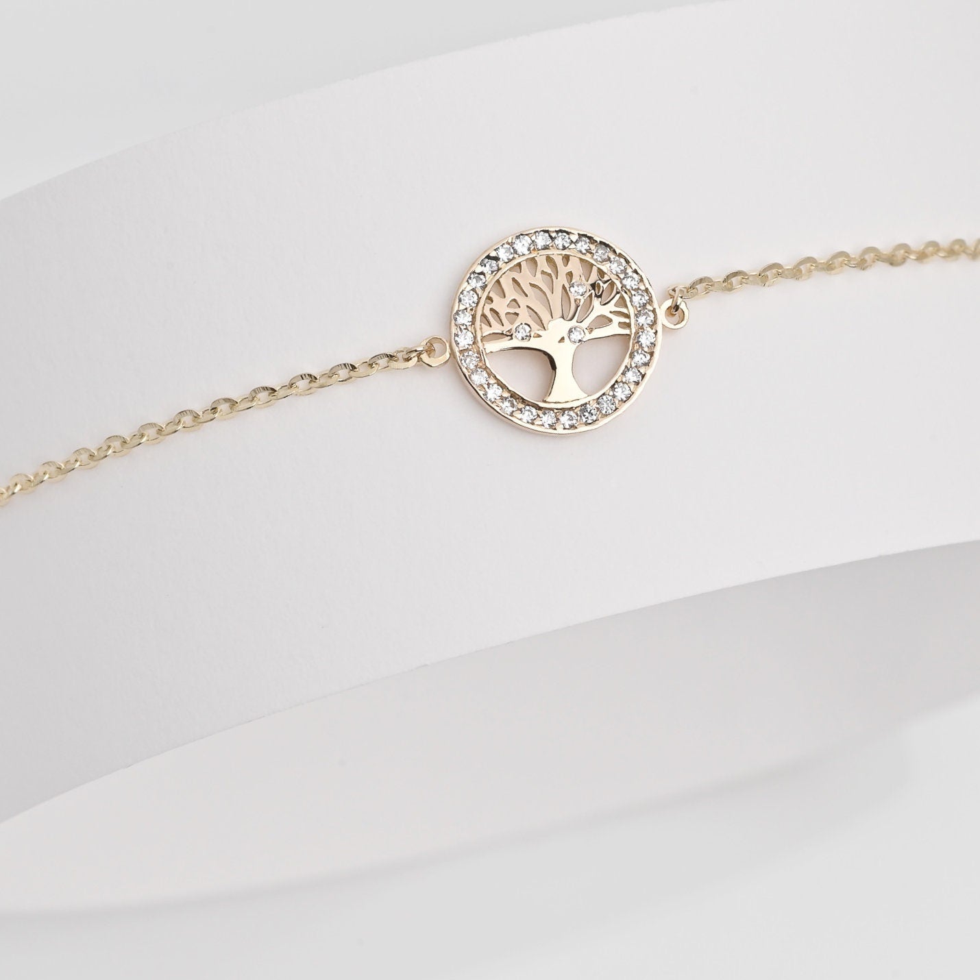 14k gold bracelet tree of life with cubic zirconia stones