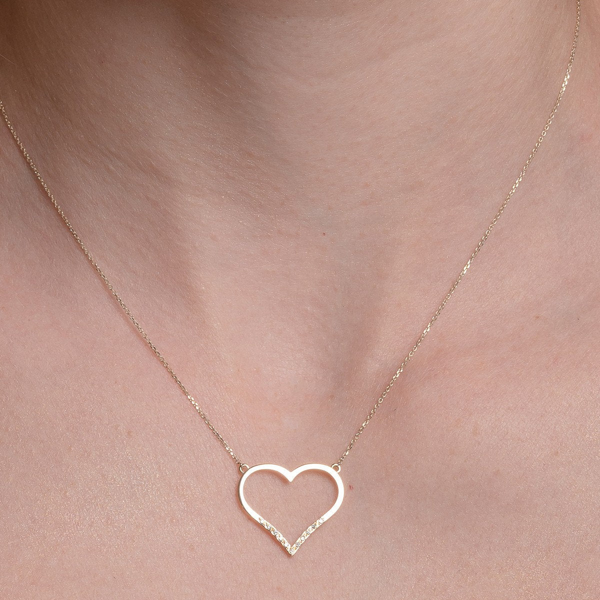 Large Open-Heart Necklace Adorned with Cubic Zirconia Stones in 14k Solid Gold