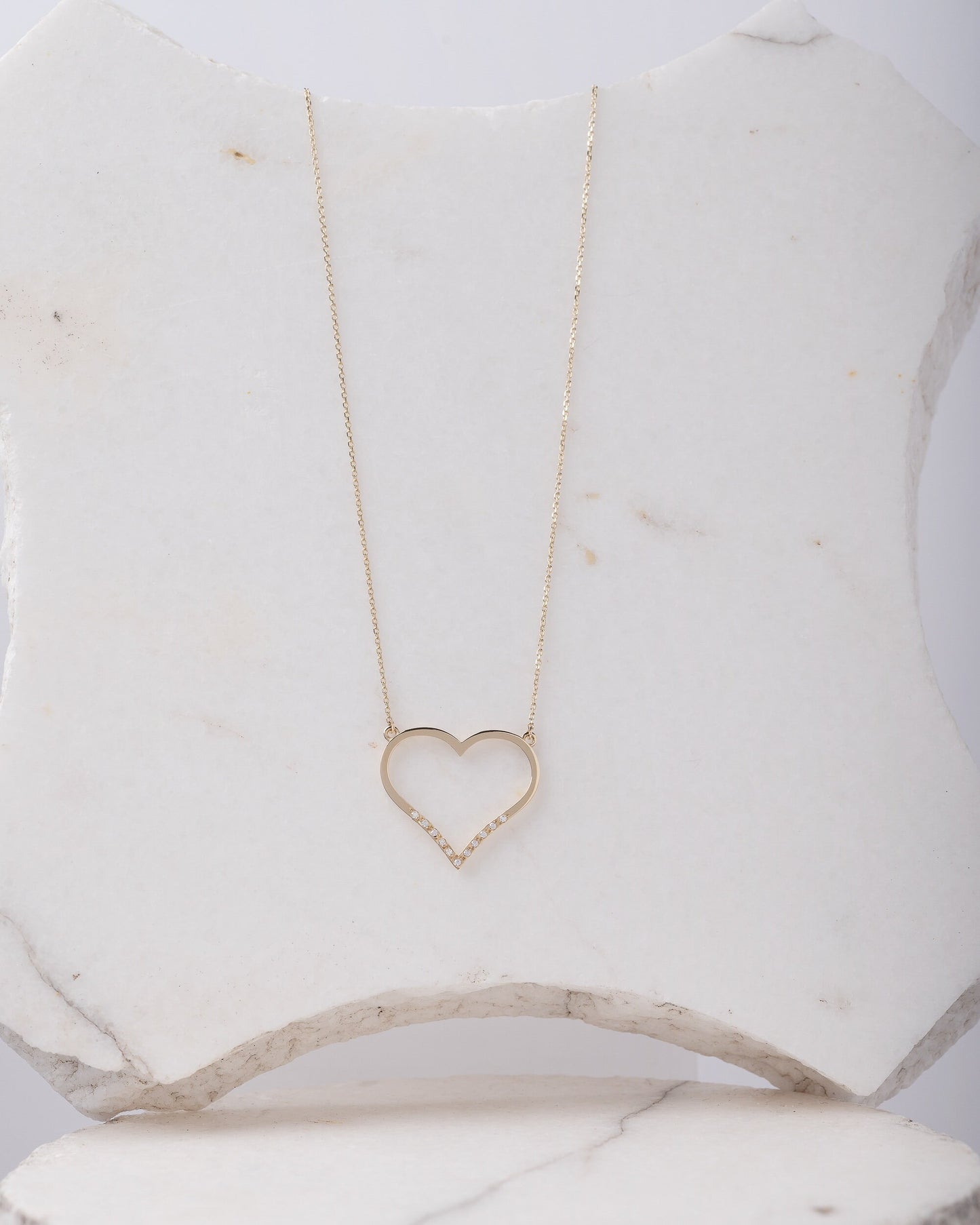 Large Open-Heart Necklace Adorned with Cubic Zirconia Stones in 14k Solid Gold