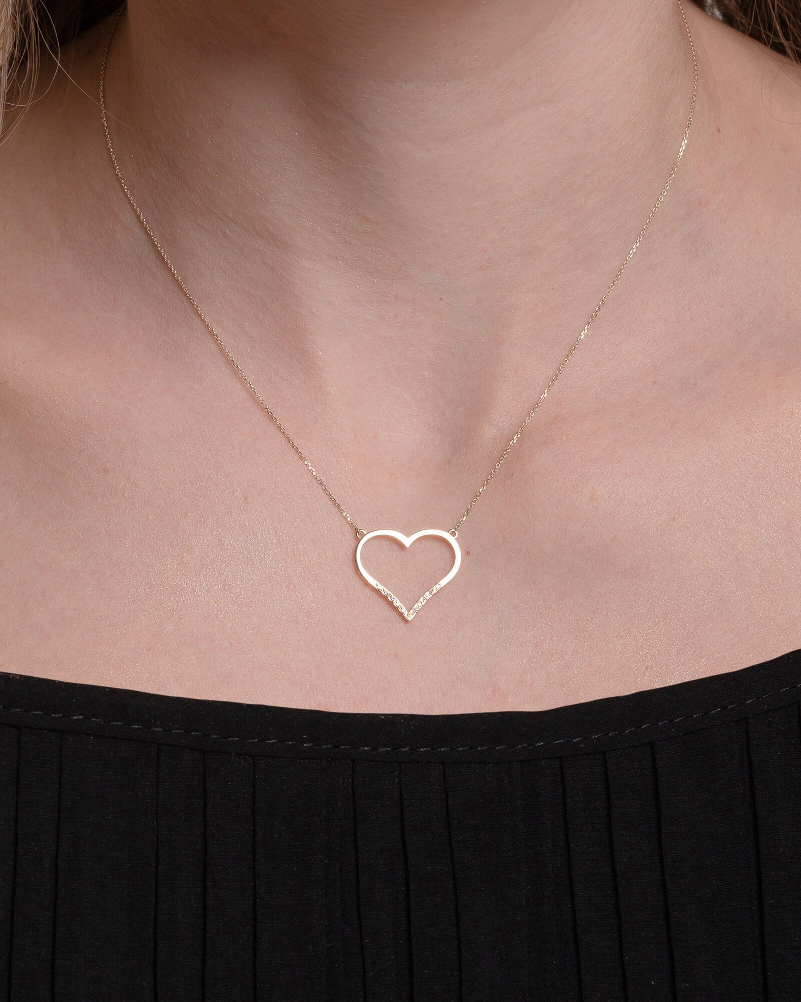 Large Open-Heart Necklace Adorned with Cubic Zirconia Stones in 14k Solid Gold