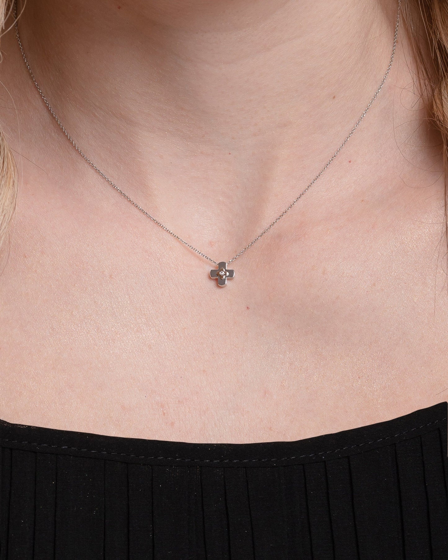 Two-Tone Diamond Cross Necklace in 14K Gold