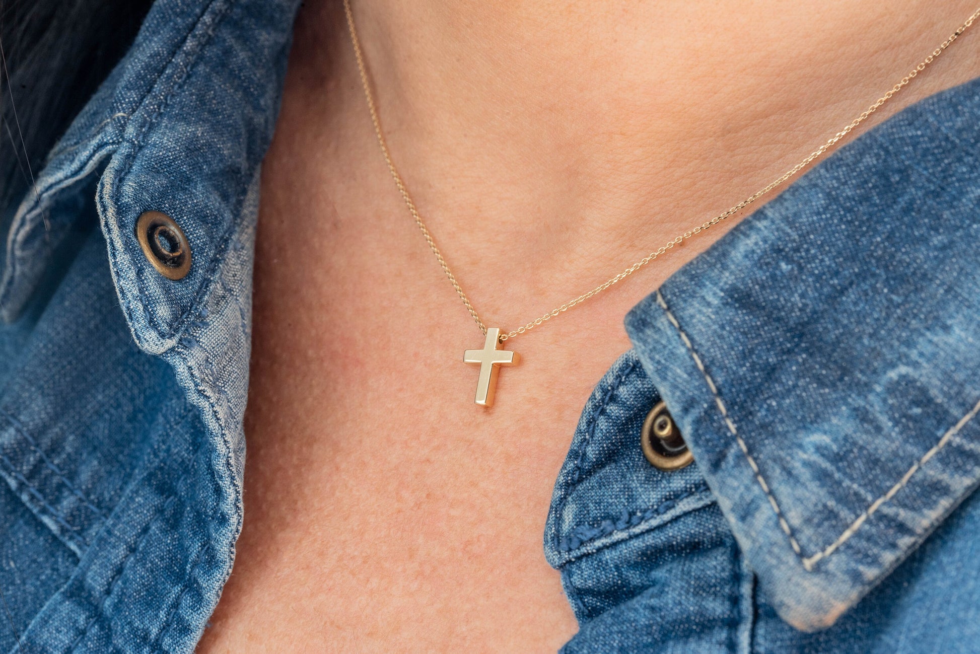 14K Solid Gold Petite Cross Necklace for Women