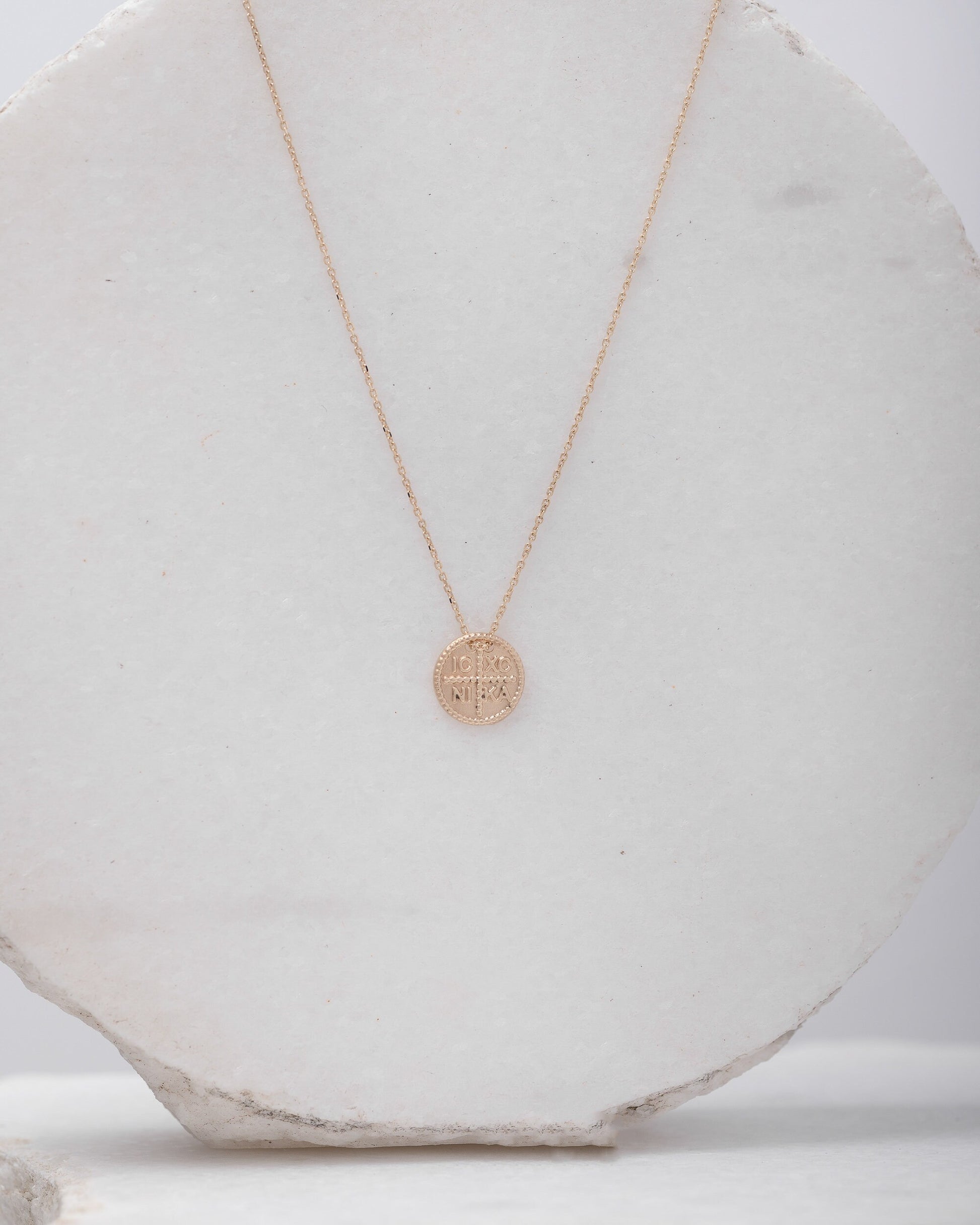 christian coin necklace in 14k yellow gold for women 