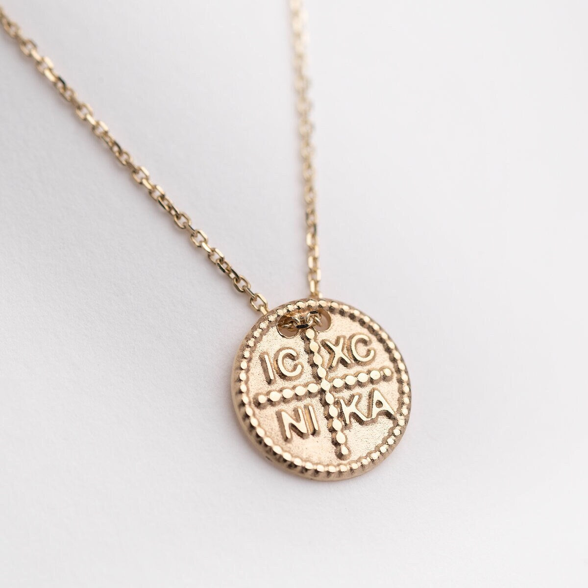 christian coin necklace in 14k yellow gold for women 