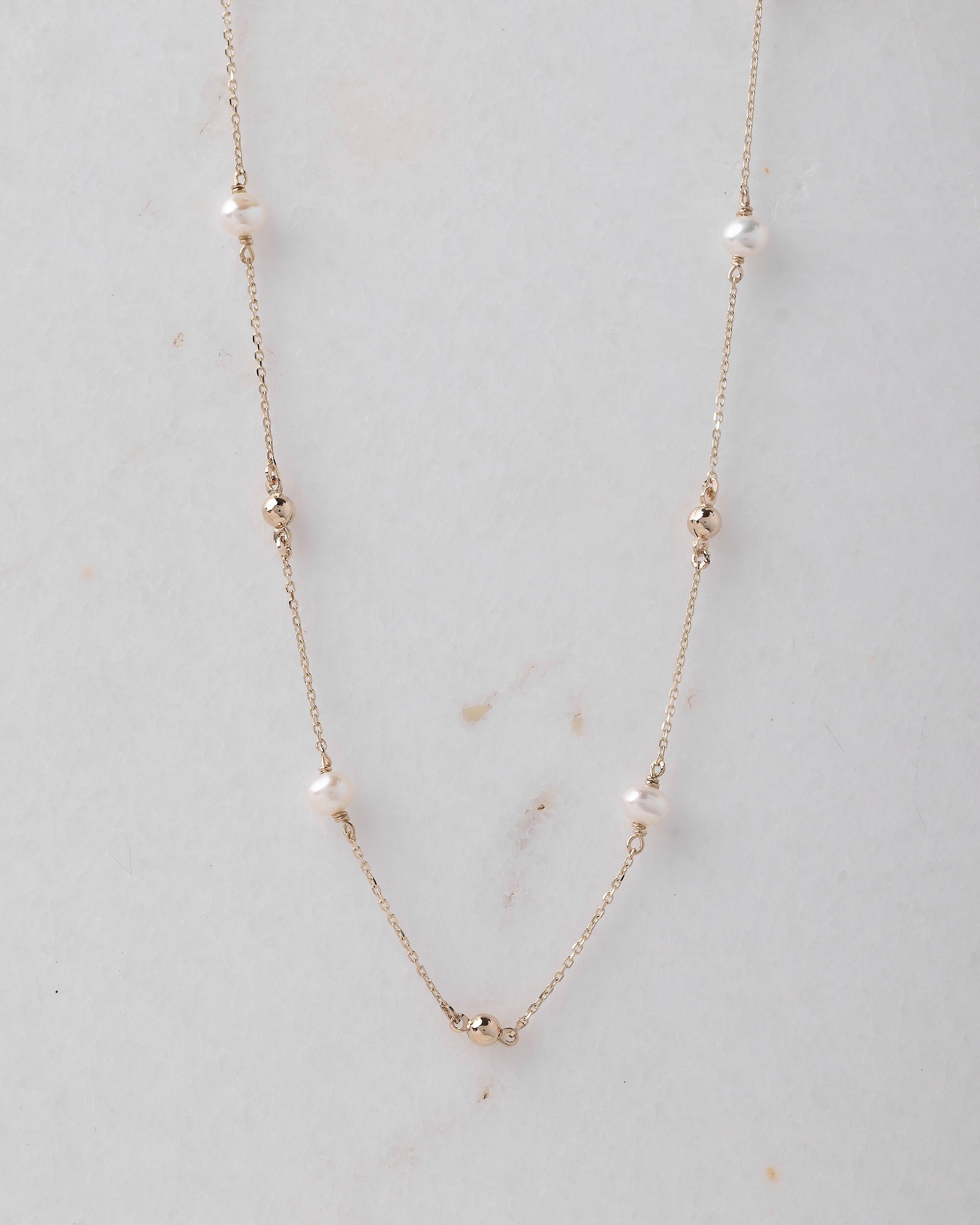 Station Necklace with Pearls and Gold Beads in 14k Gold for Women