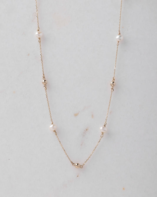 Station Necklace with Pearls and Gold Beads in 14k Gold for Women