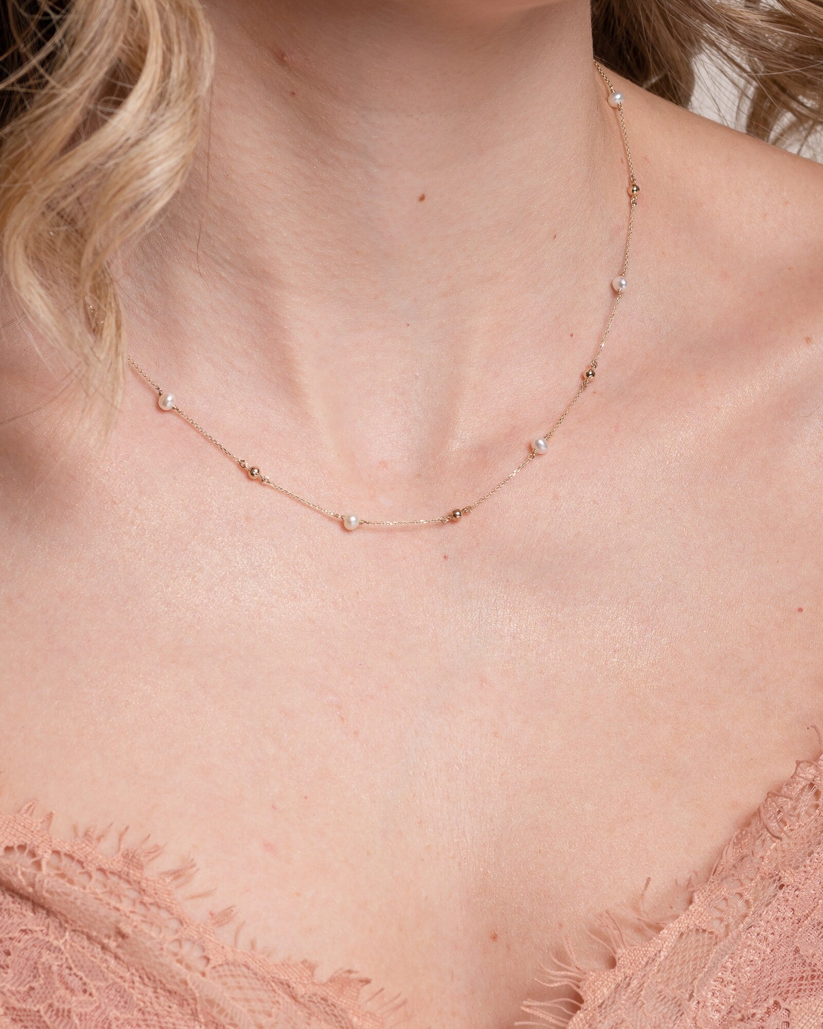 Station Necklace with Pearls and Gold Beads in 14k Gold for Women