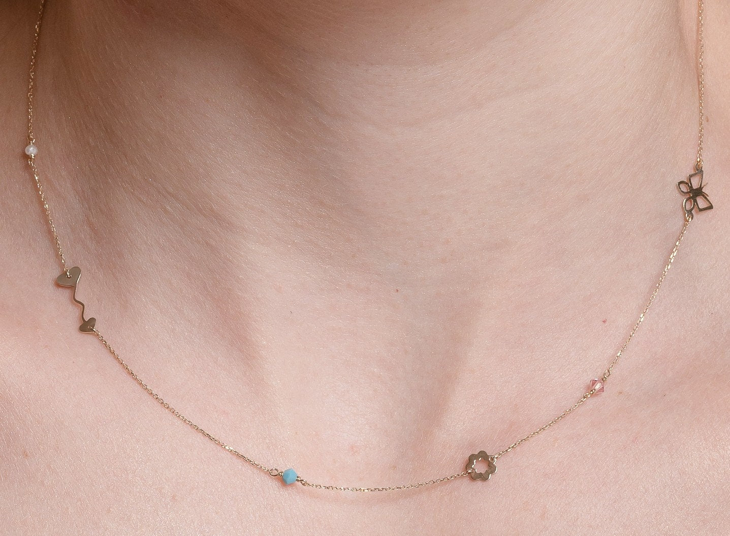 Dainty Multi Charm Station Necklace in 14K Gold