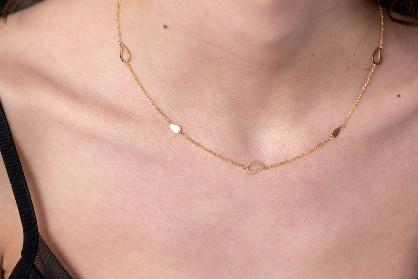 14K Gold Station Necklace with Leaves