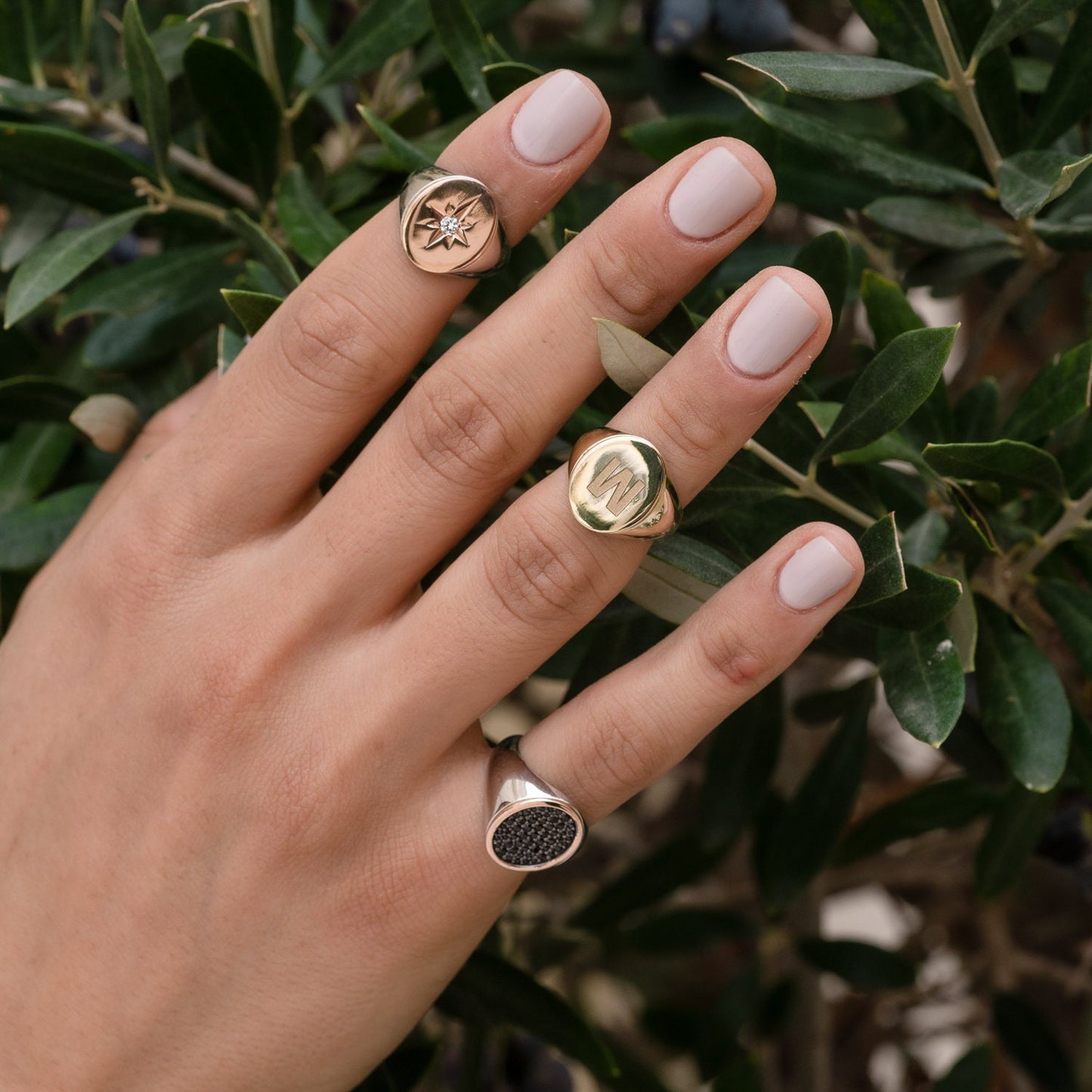 stylish collection of signet rings, featuring various designs worn by a model