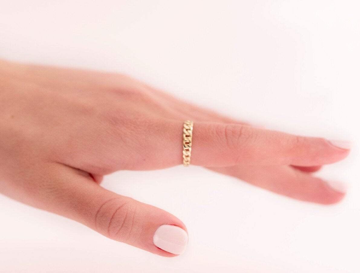 Handcrafted Cuban Link Ring in 14k Solid Gold for Women