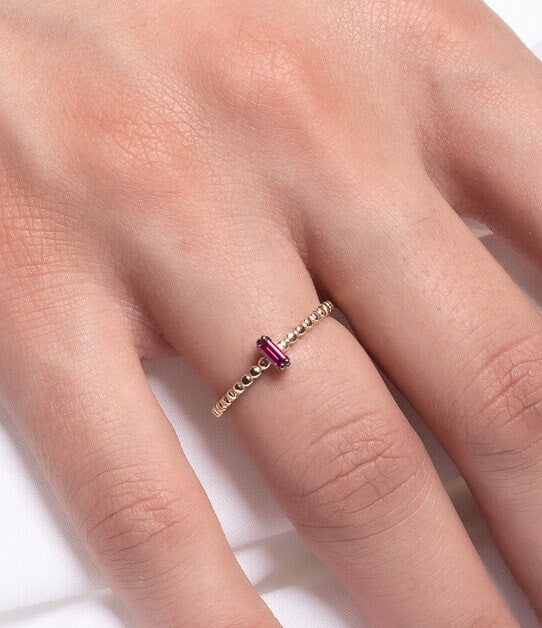 Handmade Baguette Ruby Beaded Ring in 14k Gold for Women